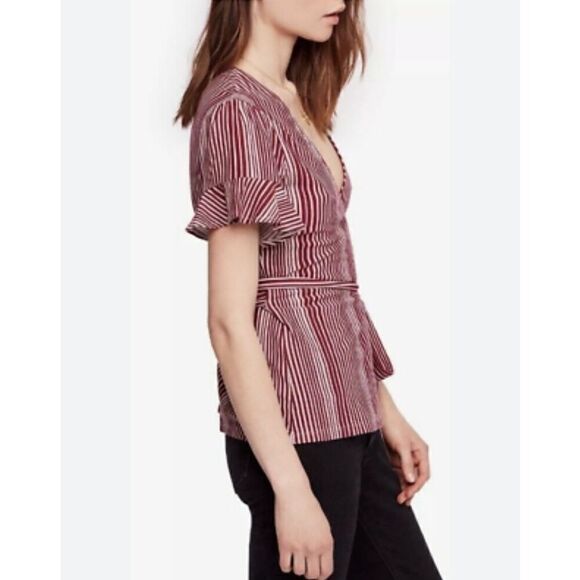 Free People Wrapped Around My Finger red wine/white stripe wrap shirt top XS - Picture 2 of 12